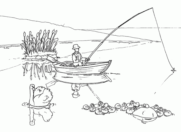 Man in a Boat Fishing and a Swan Coloring Page Printable