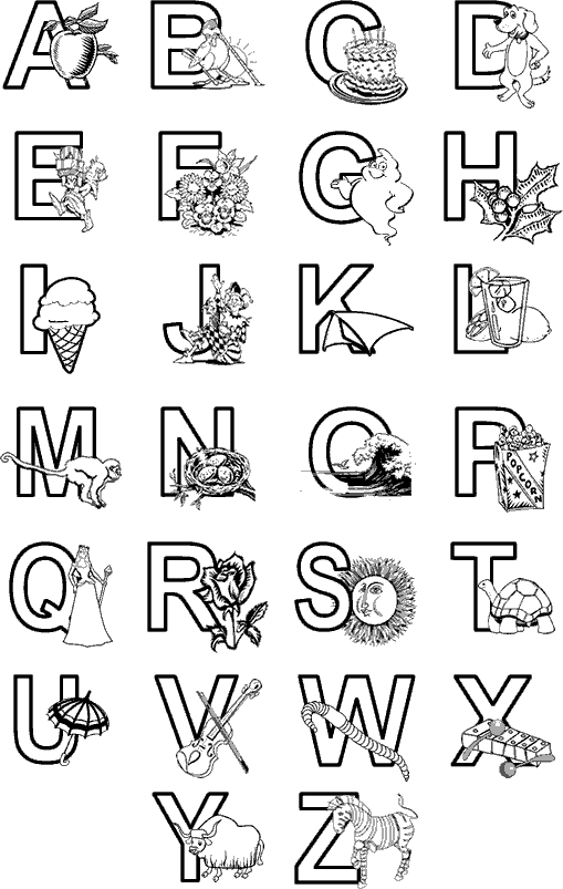 Alphabet ABC's with Images and Characters Coloring Page ...