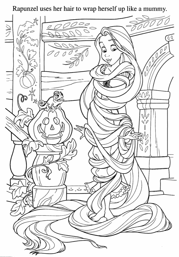 disney-tangled-pumpkin-and-rapunzel-wraps-her-hair-around-herself-printable-coloring-page