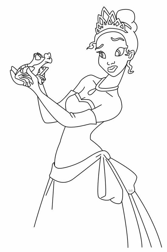 disney-princess-tiana-with-two-frogs-coloring-page