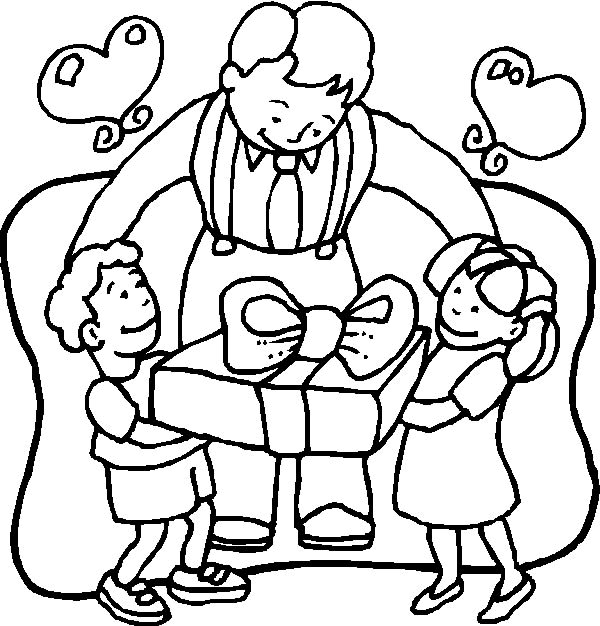 happy-fathers-day-daughter-and-son-giving-gift-to-dad-with-hearts-coloring-page-for kids-printable