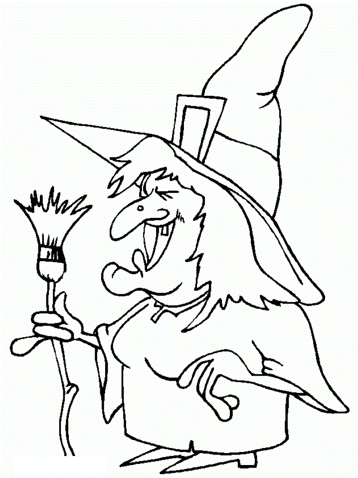Happy Halloween Broom and Witch Coloring Page for Kids